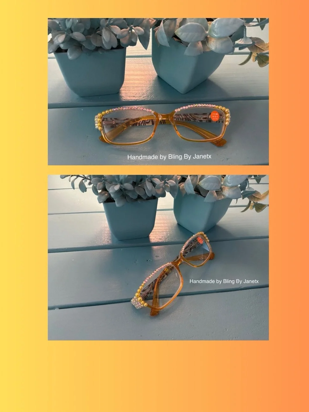 Handmade Crystal-Embellished Reading (+1.50) Glasses - Yellow